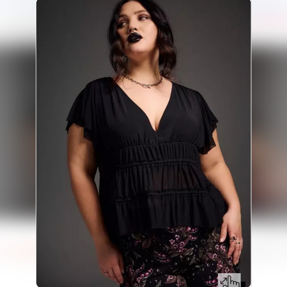 TORRID NWT Nightfall Black Mesh Peplum Top | V-Neck Flutter Sleeve Gothic Witchy